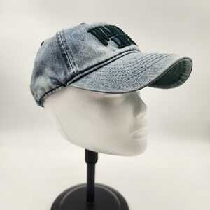 Wanderlust Embroidered Acid Wash Denim Baseball Cap Blue Green Adjustable NEW